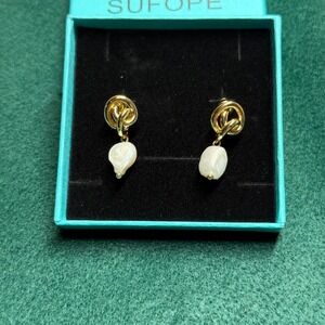 Pearl Drop Earrings Gold Knot Dangle Baroque Freshwater Pearl Jewelry NEW